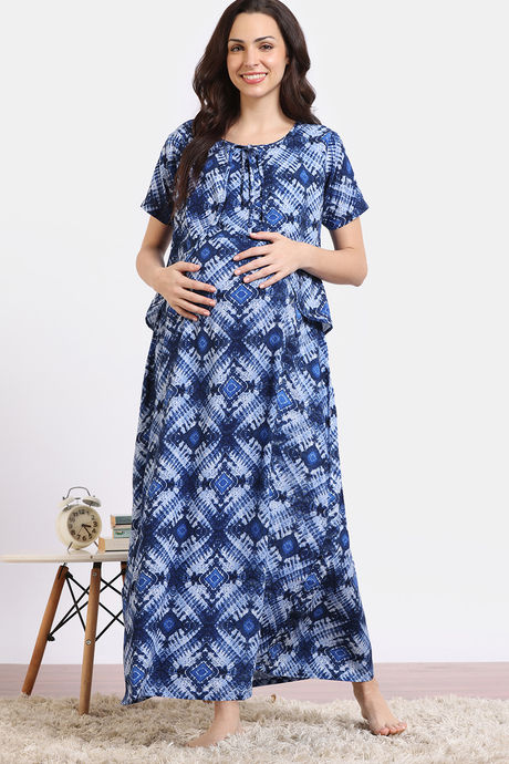 Coucou Maternity Woven Full Length Nightdress With Front Zipper And Discreet Feeding - Classic Blue — image 2